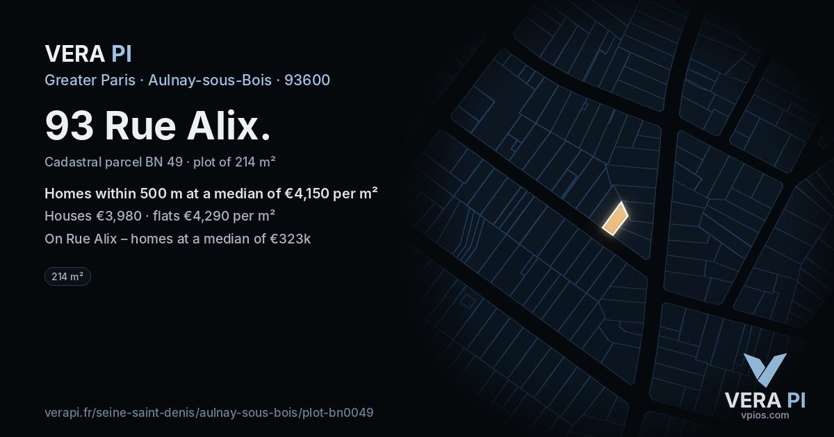 93 Rue Alix, Aulnay-sous-Bois at night – the plot lit, the parcels around coloured by the prices near them