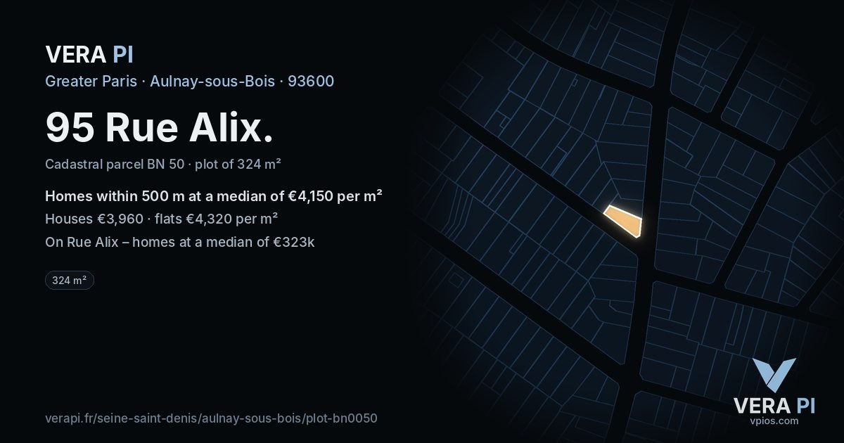 95 Rue Alix, Aulnay-sous-Bois at night – the plot lit, the parcels around coloured by the prices near them