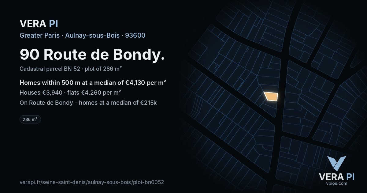 90 Route de Bondy, Aulnay-sous-Bois at night – the plot lit, the parcels around coloured by the prices near them
