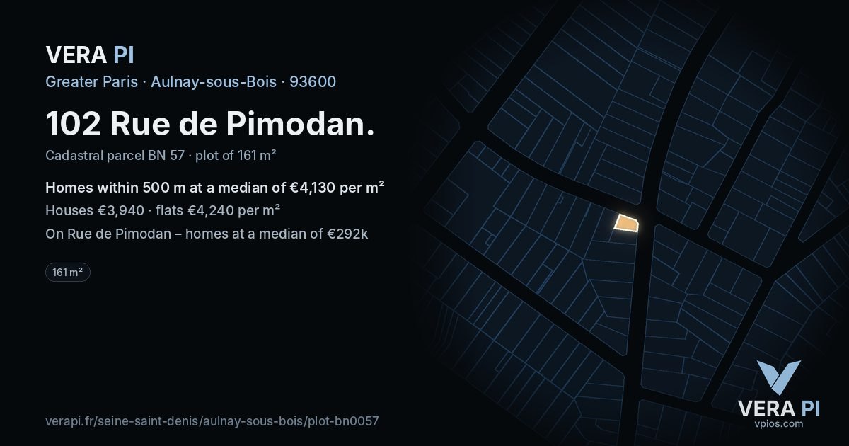 102 Rue de Pimodan, Aulnay-sous-Bois at night – the plot lit, the parcels around coloured by the prices near them