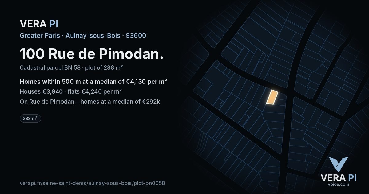 100 Rue de Pimodan, Aulnay-sous-Bois at night – the plot lit, the parcels around coloured by the prices near them