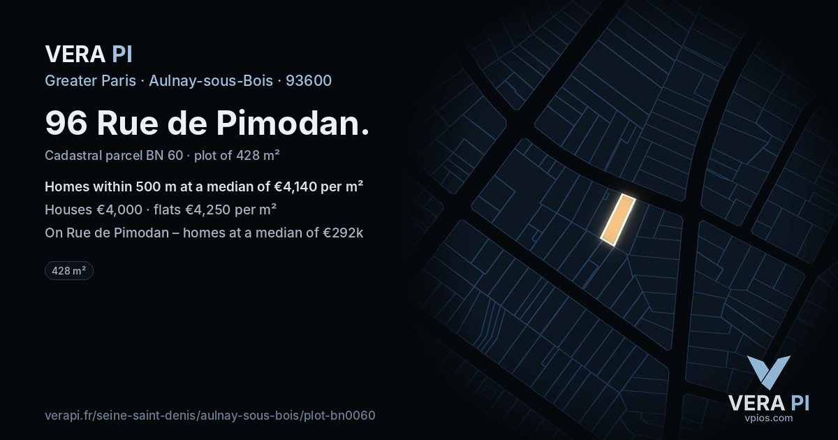 96 Rue de Pimodan, Aulnay-sous-Bois at night – the plot lit, the parcels around coloured by the prices near them