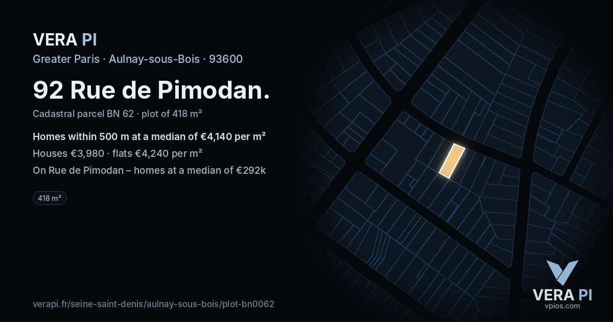 92 Rue de Pimodan, Aulnay-sous-Bois at night – the plot lit, the parcels around coloured by the prices near them