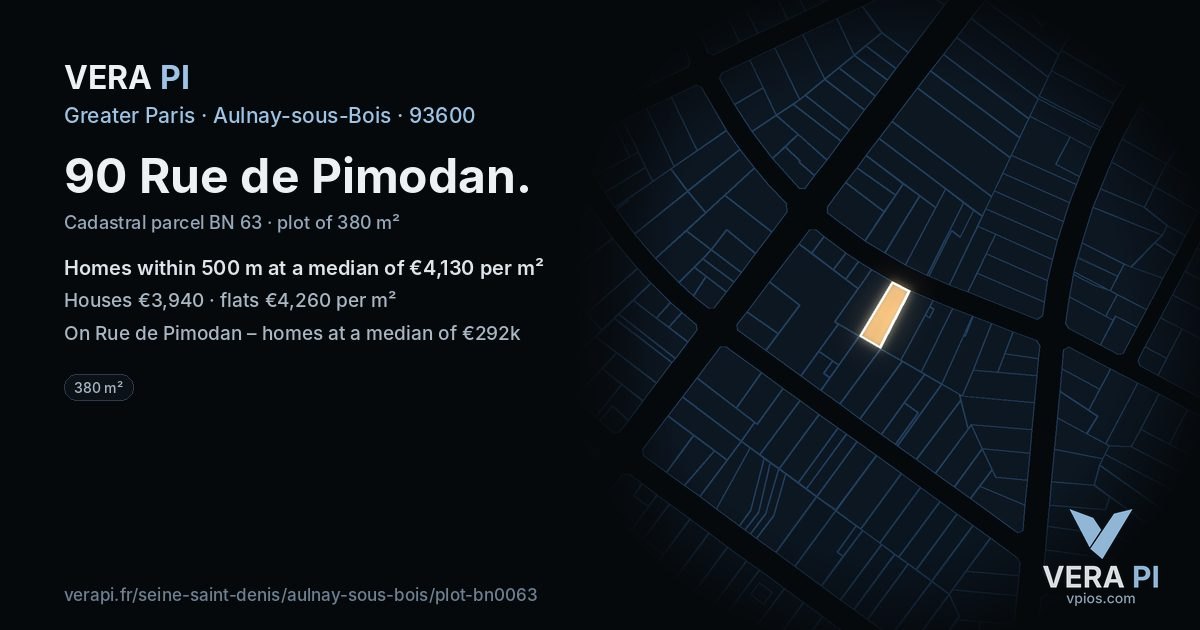 90 Rue de Pimodan, Aulnay-sous-Bois at night – the plot lit, the parcels around coloured by the prices near them