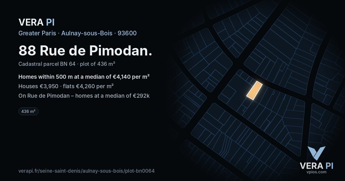88 Rue de Pimodan, Aulnay-sous-Bois at night – the plot lit, the parcels around coloured by the prices near them