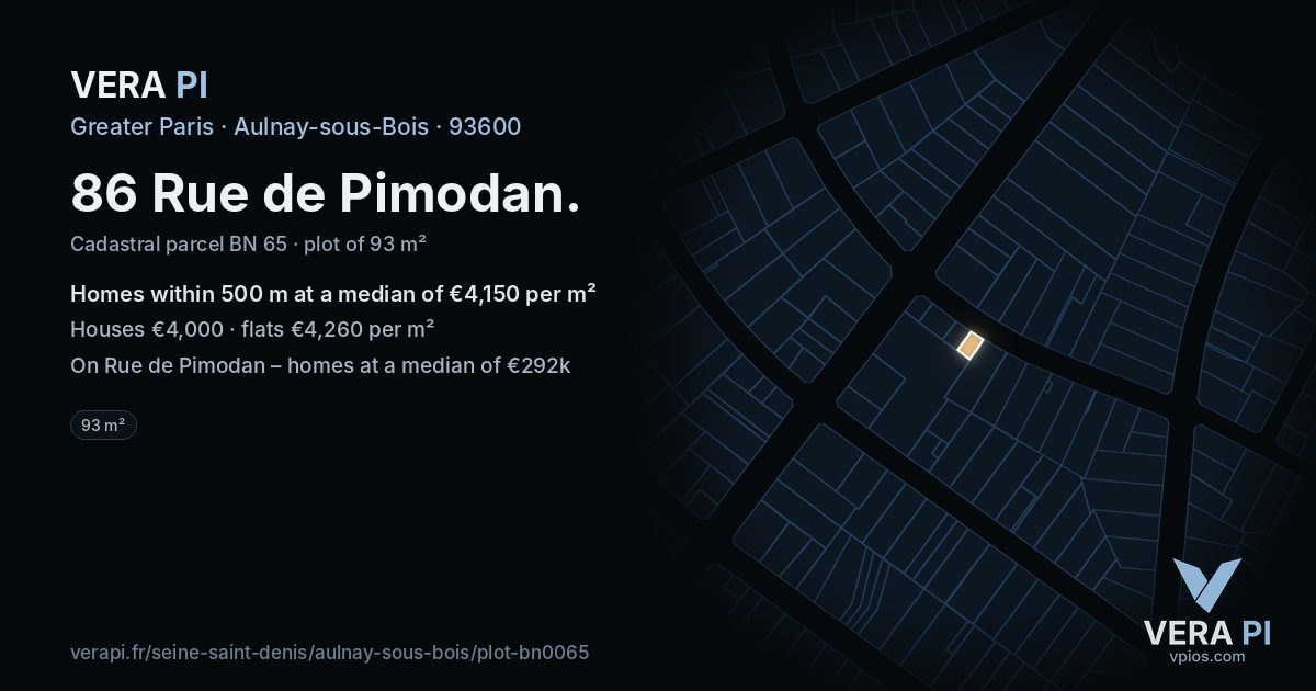 86 Rue de Pimodan, Aulnay-sous-Bois at night – the plot lit, the parcels around coloured by the prices near them