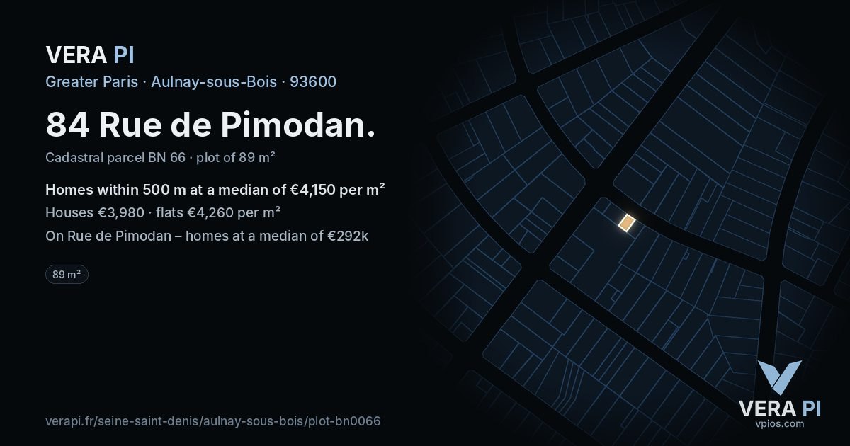 84 Rue de Pimodan, Aulnay-sous-Bois at night – the plot lit, the parcels around coloured by the prices near them