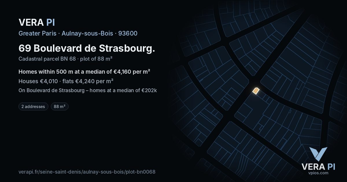 69 Boulevard de Strasbourg, Aulnay-sous-Bois at night – the plot lit, the parcels around coloured by the prices near them