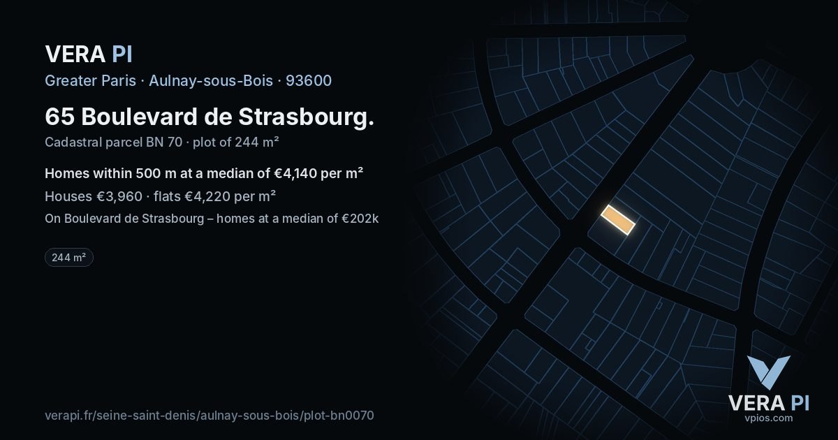 65 Boulevard de Strasbourg, Aulnay-sous-Bois at night – the plot lit, the parcels around coloured by the prices near them