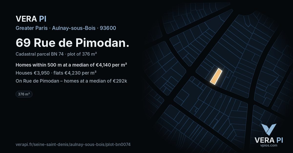 69 Rue de Pimodan, Aulnay-sous-Bois at night – the plot lit, the parcels around coloured by the prices near them