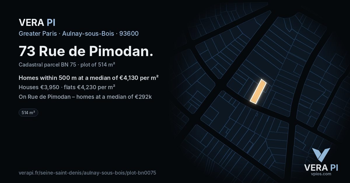 73 Rue de Pimodan, Aulnay-sous-Bois at night – the plot lit, the parcels around coloured by the prices near them