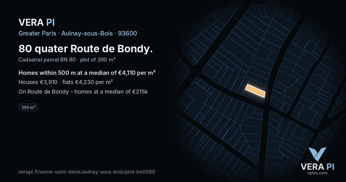 80 quater Route de Bondy, Aulnay-sous-Bois at night – the plot lit, the parcels around coloured by the prices near them