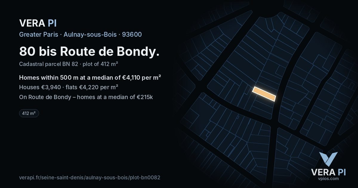 80 bis Route de Bondy, Aulnay-sous-Bois at night – the plot lit, the parcels around coloured by the prices near them