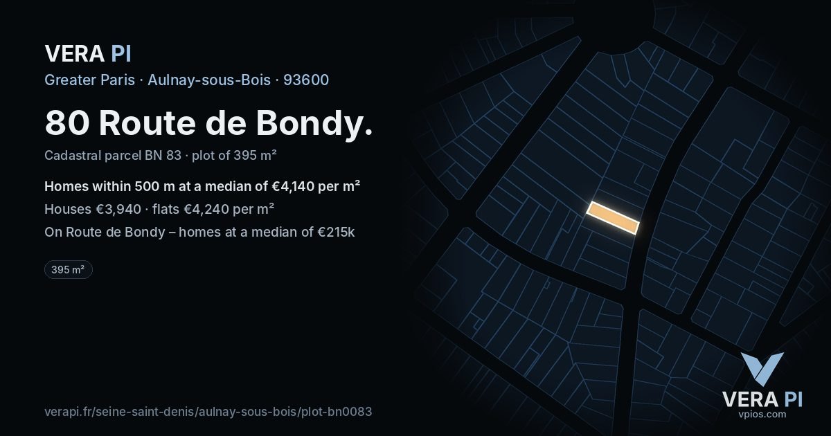 80 Route de Bondy, Aulnay-sous-Bois at night – the plot lit, the parcels around coloured by the prices near them