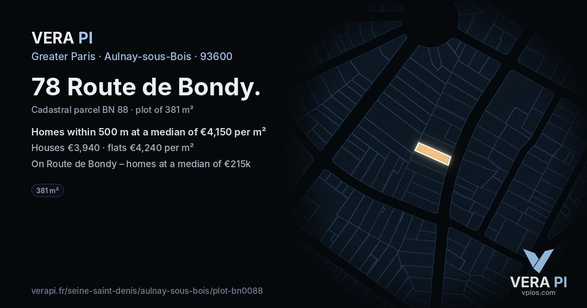 78 Route de Bondy, Aulnay-sous-Bois at night – the plot lit, the parcels around coloured by the prices near them