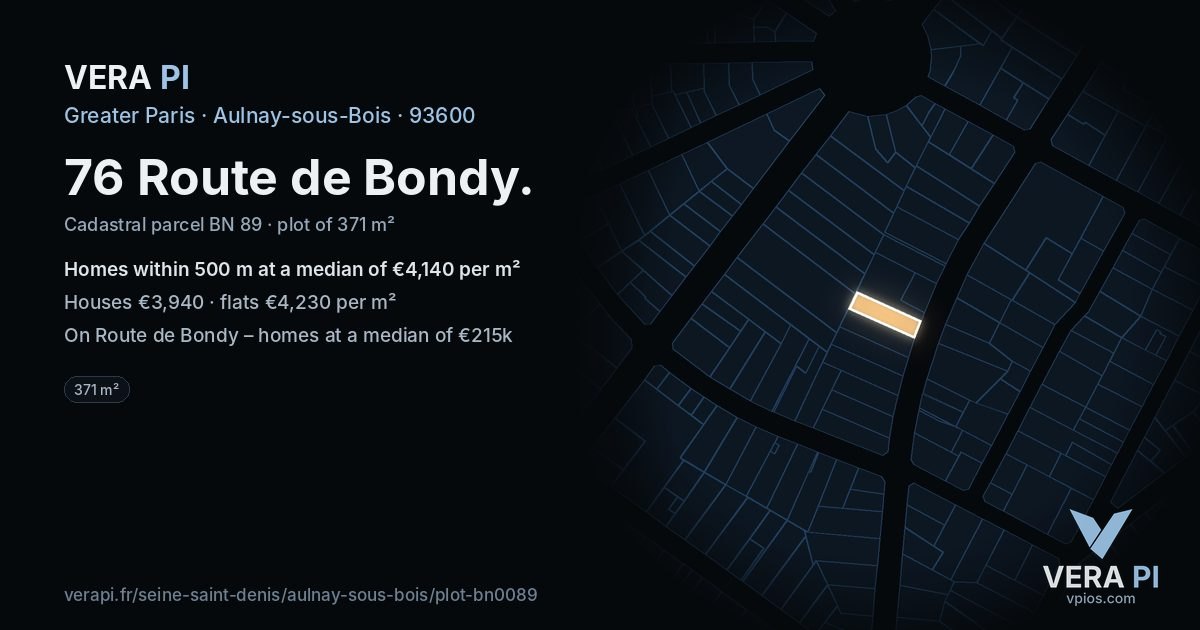 76 Route de Bondy, Aulnay-sous-Bois at night – the plot lit, the parcels around coloured by the prices near them