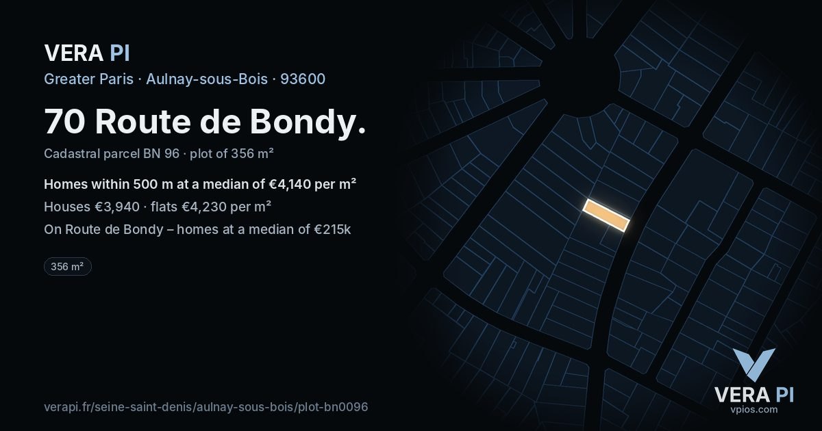 70 Route de Bondy, Aulnay-sous-Bois at night – the plot lit, the parcels around coloured by the prices near them