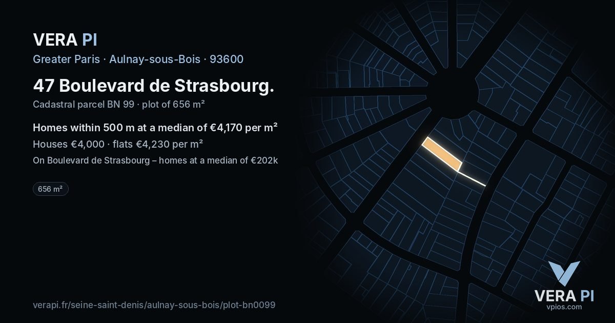 47 Boulevard de Strasbourg, Aulnay-sous-Bois at night – the plot lit, the parcels around coloured by the prices near them