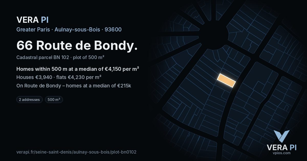 66 Route de Bondy, Aulnay-sous-Bois at night – the plot lit, the parcels around coloured by the prices near them