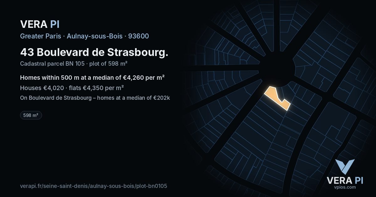 43 Boulevard de Strasbourg, Aulnay-sous-Bois at night – the plot lit, the parcels around coloured by the prices near them