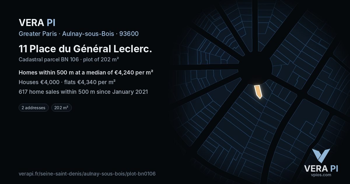 11 Place du Général Leclerc, Aulnay-sous-Bois at night – the plot lit, the parcels around coloured by the prices near them