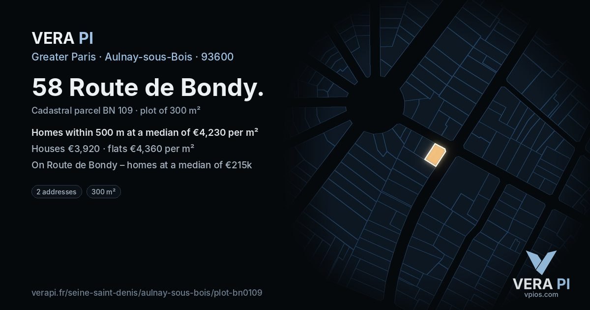 58 Route de Bondy, Aulnay-sous-Bois at night – the plot lit, the parcels around coloured by the prices near them