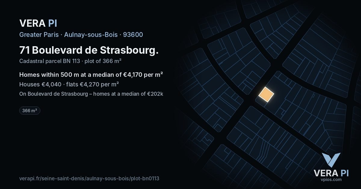 71 Boulevard de Strasbourg, Aulnay-sous-Bois at night – the plot lit, the parcels around coloured by the prices near them