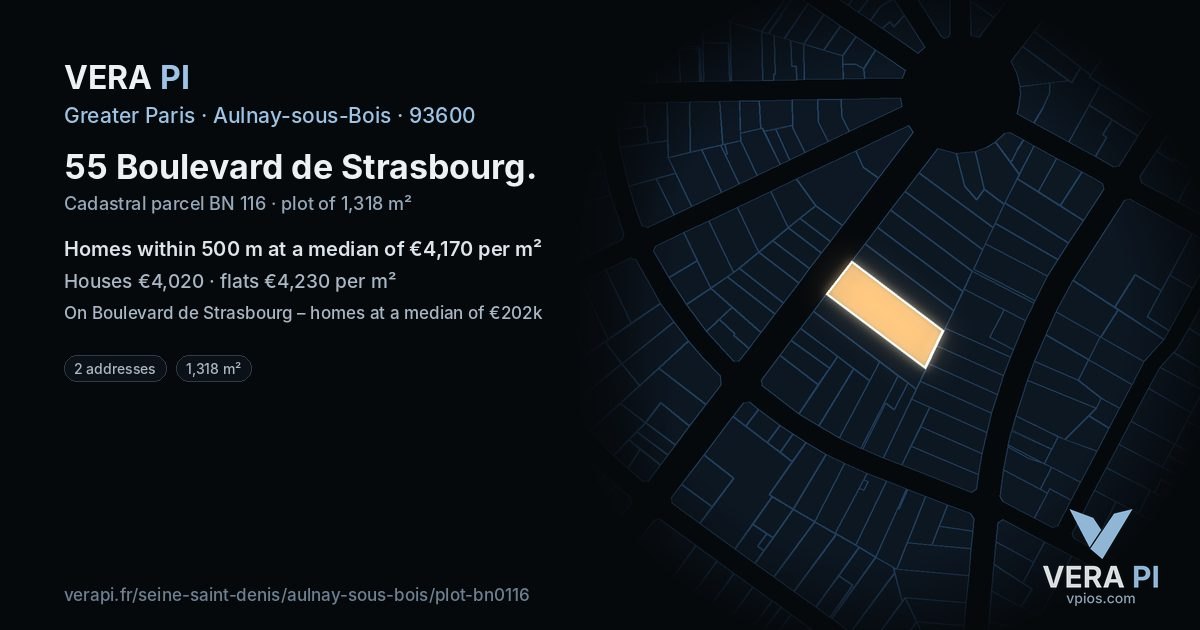 55 Boulevard de Strasbourg, Aulnay-sous-Bois at night – the plot lit, the parcels around coloured by the prices near them