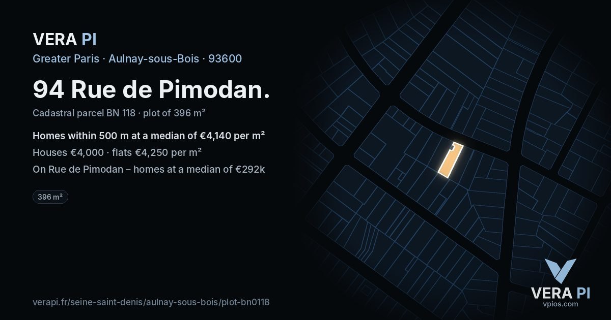 94 Rue de Pimodan, Aulnay-sous-Bois at night – the plot lit, the parcels around coloured by the prices near them
