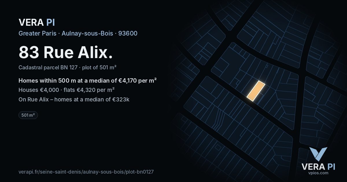 83 Rue Alix, Aulnay-sous-Bois at night – the plot lit, the parcels around coloured by the prices near them