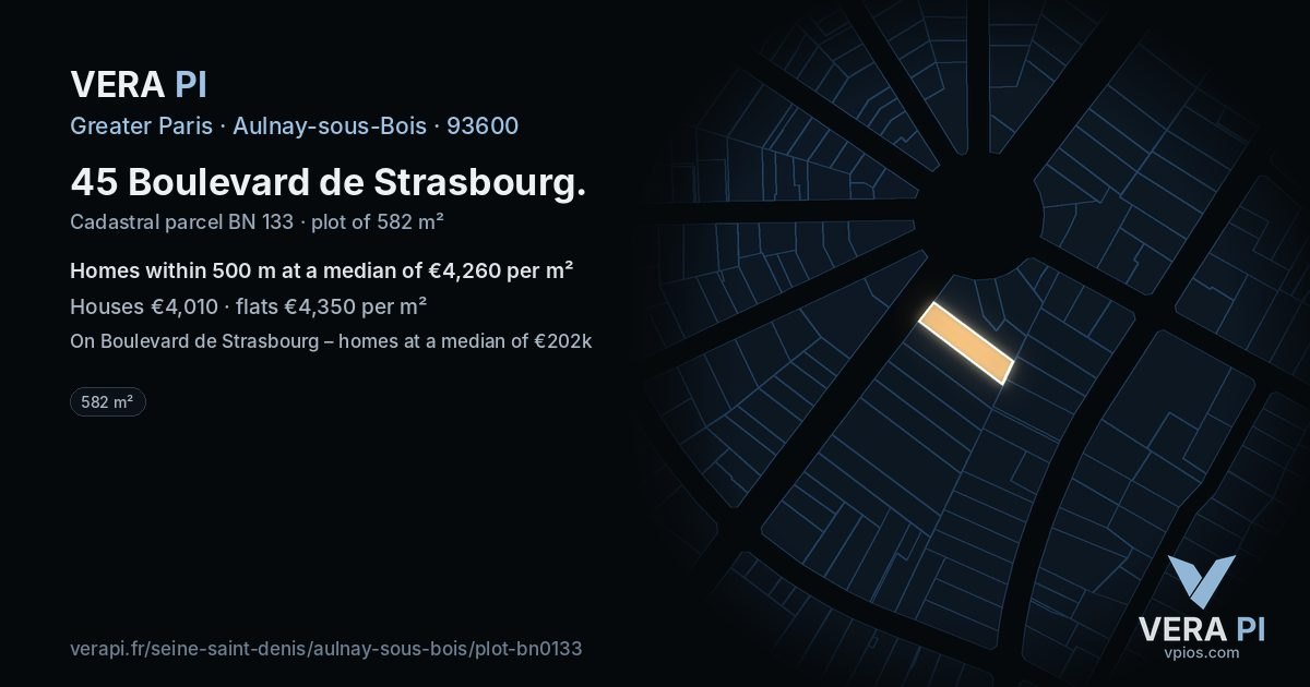 45 Boulevard de Strasbourg, Aulnay-sous-Bois at night – the plot lit, the parcels around coloured by the prices near them