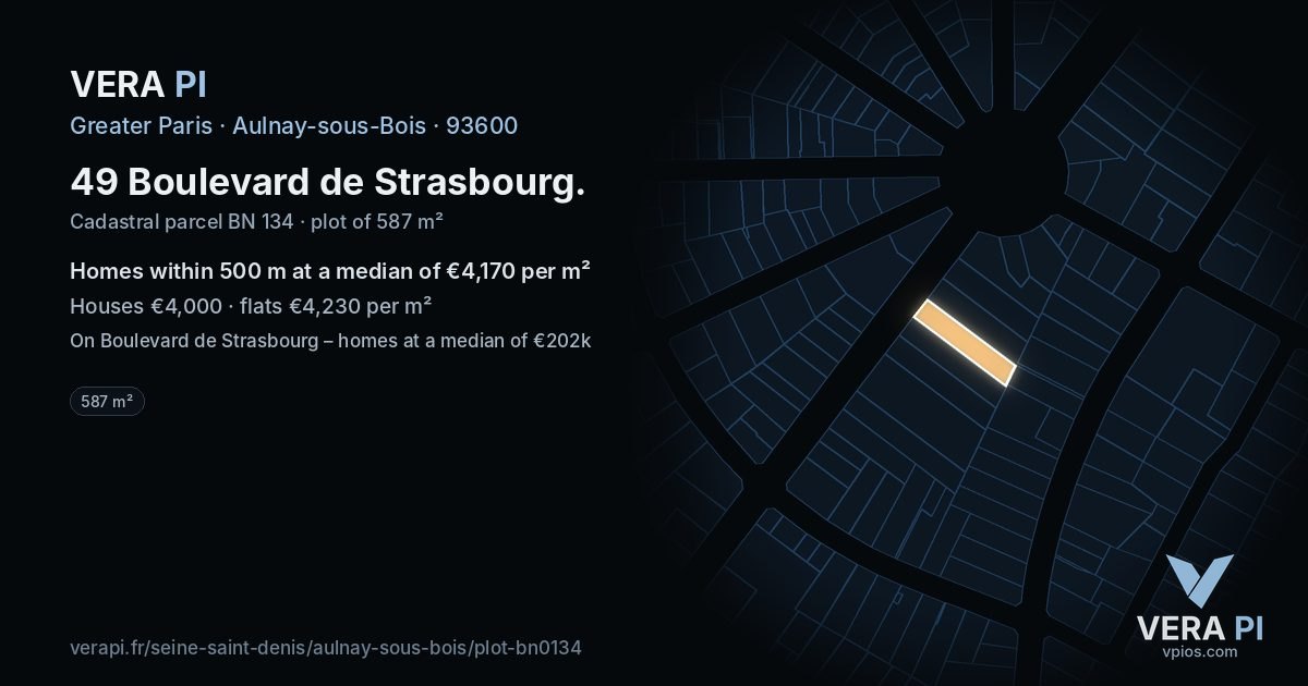 49 Boulevard de Strasbourg, Aulnay-sous-Bois at night – the plot lit, the parcels around coloured by the prices near them