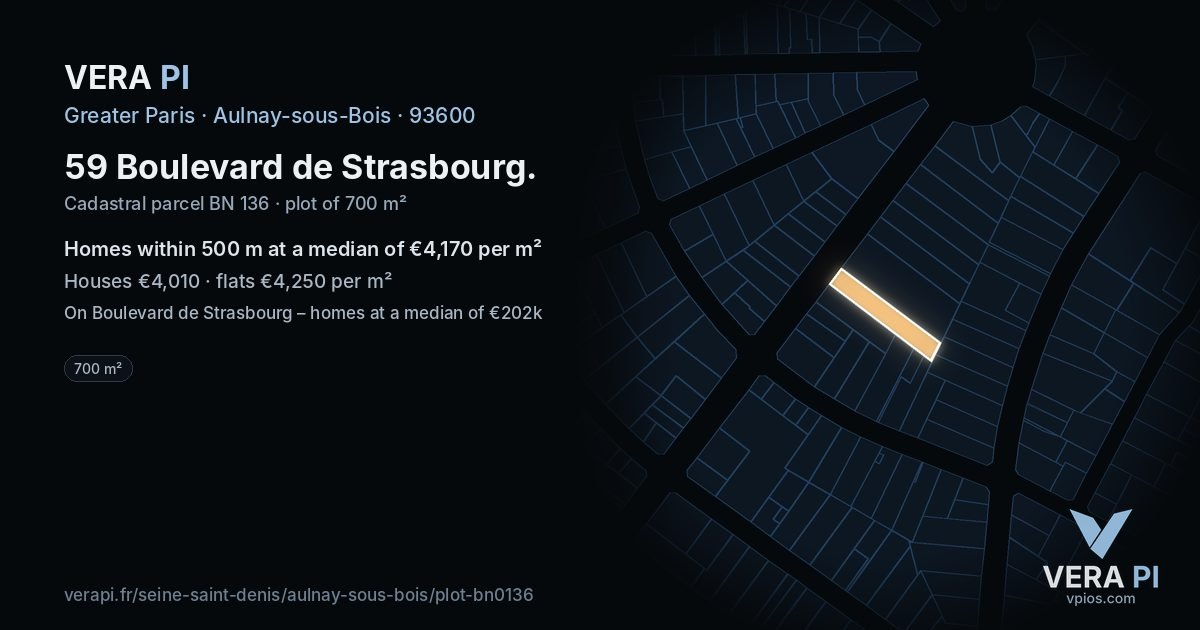 59 Boulevard de Strasbourg, Aulnay-sous-Bois at night – the plot lit, the parcels around coloured by the prices near them