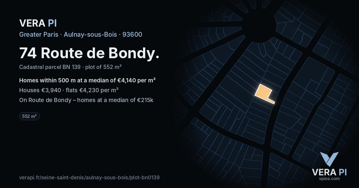 74 Route de Bondy, Aulnay-sous-Bois at night – the plot lit, the parcels around coloured by the prices near them