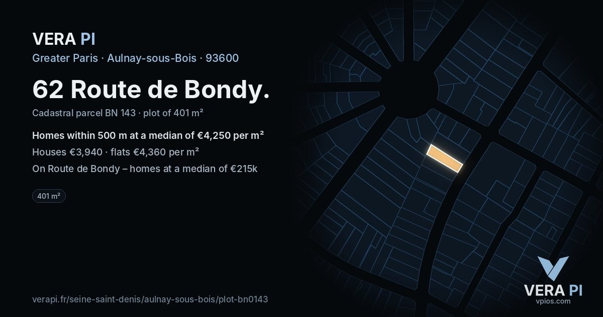 62 Route de Bondy, Aulnay-sous-Bois at night – the plot lit, the parcels around coloured by the prices near them