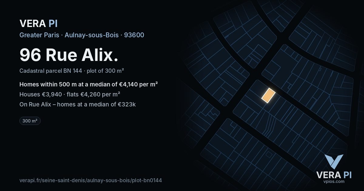 96 Rue Alix, Aulnay-sous-Bois at night – the plot lit, the parcels around coloured by the prices near them