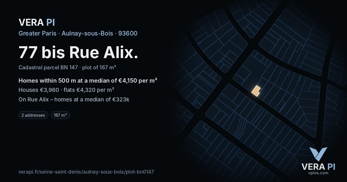 77 bis Rue Alix, Aulnay-sous-Bois at night – the plot lit, the parcels around coloured by the prices near them