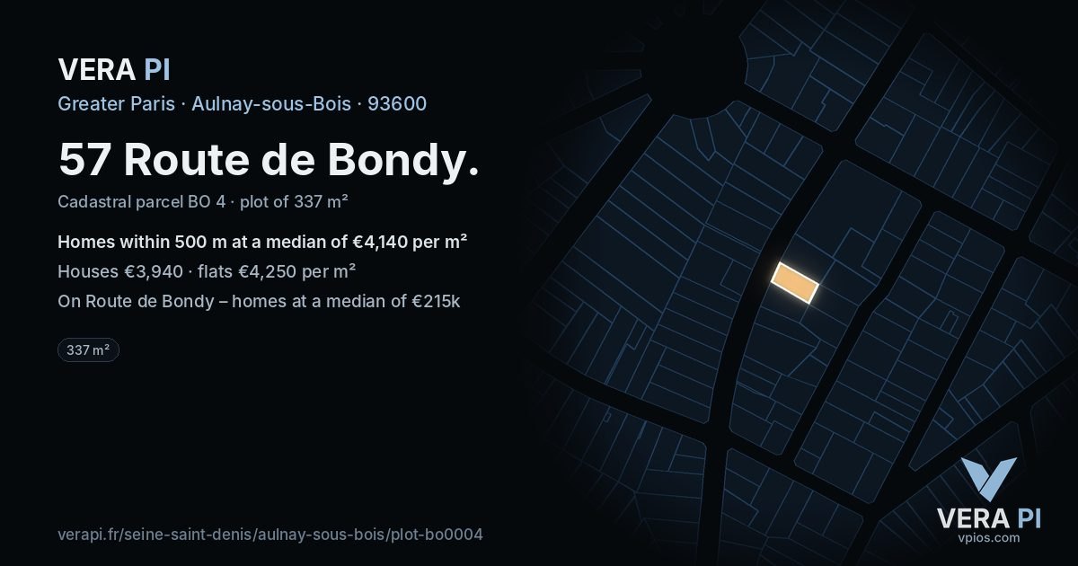 57 Route de Bondy, Aulnay-sous-Bois at night – the plot lit, the parcels around coloured by the prices near them