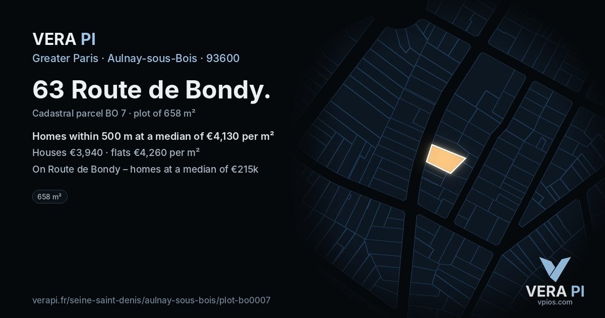 63 Route de Bondy, Aulnay-sous-Bois at night – the plot lit, the parcels around coloured by the prices near them