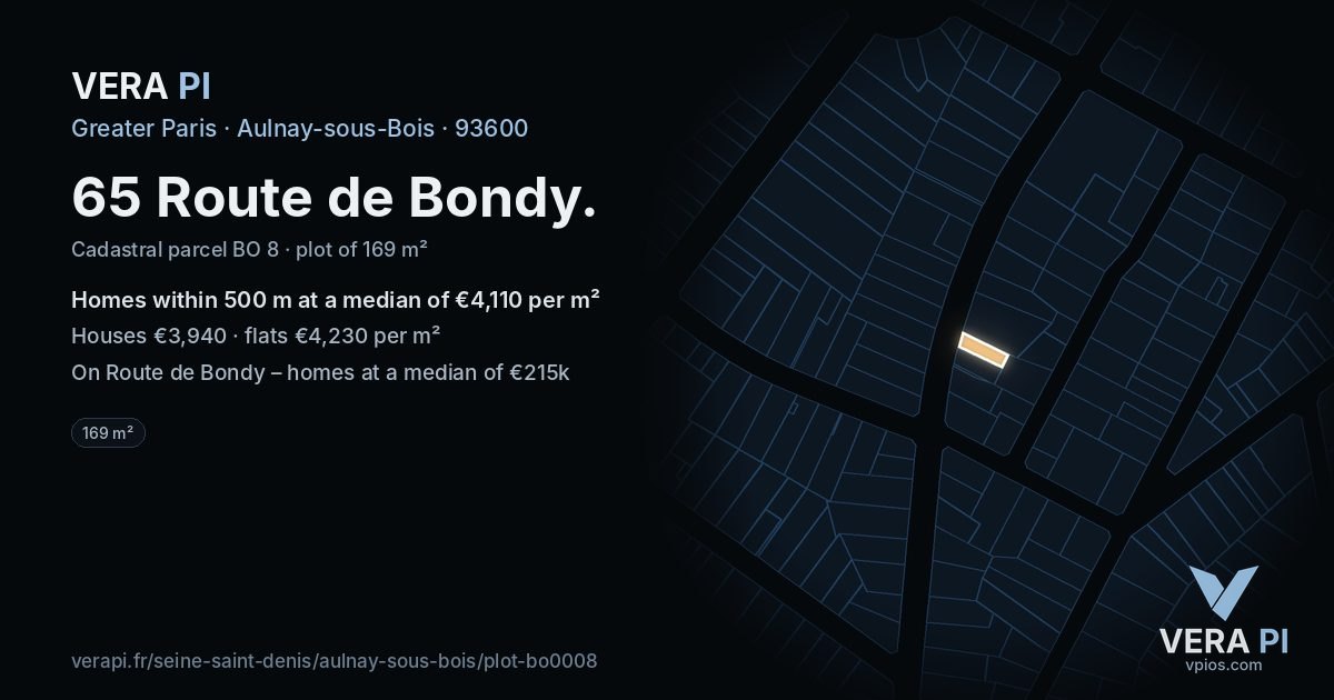 65 Route de Bondy, Aulnay-sous-Bois at night – the plot lit, the parcels around coloured by the prices near them