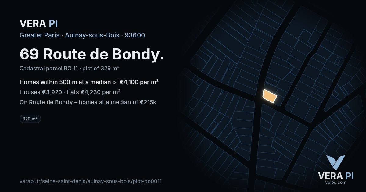 69 Route de Bondy, Aulnay-sous-Bois at night – the plot lit, the parcels around coloured by the prices near them