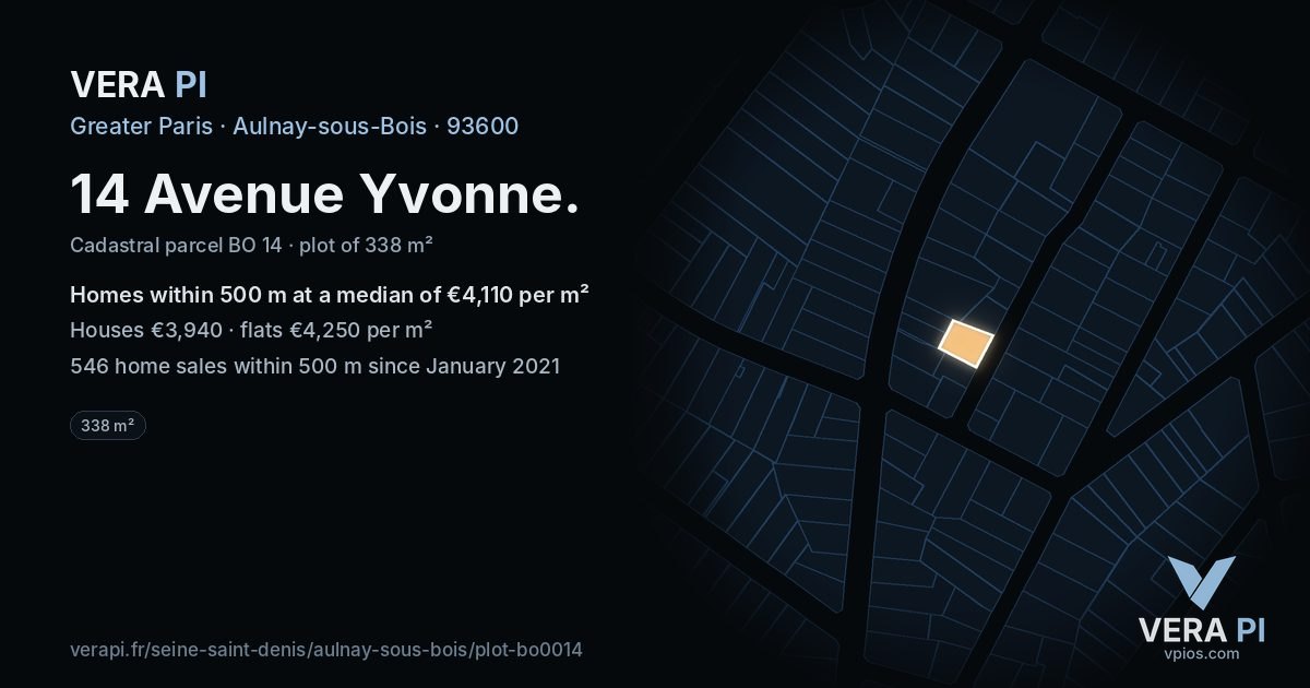 14 Avenue Yvonne, Aulnay-sous-Bois at night – the plot lit, the parcels around coloured by the prices near them