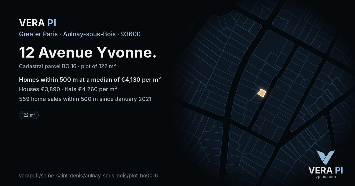 12 Avenue Yvonne, Aulnay-sous-Bois at night – the plot lit, the parcels around coloured by the prices near them