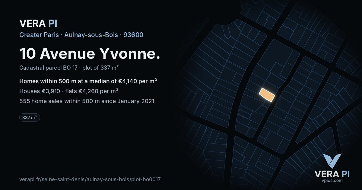 10 Avenue Yvonne, Aulnay-sous-Bois at night – the plot lit, the parcels around coloured by the prices near them