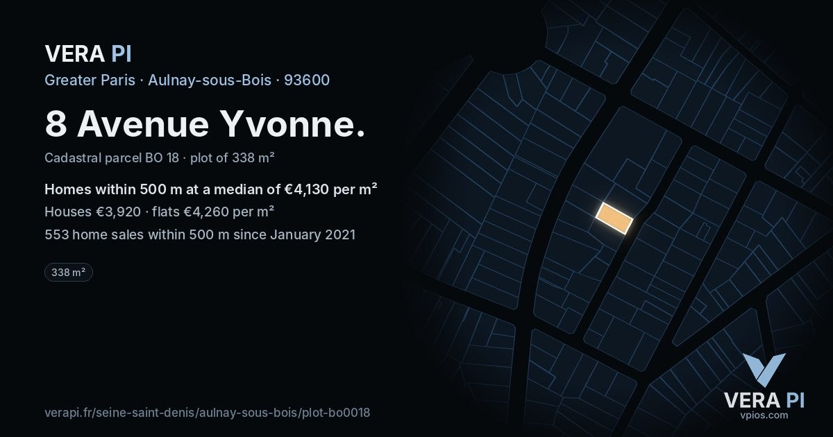 8 Avenue Yvonne, Aulnay-sous-Bois at night – the plot lit, the parcels around coloured by the prices near them