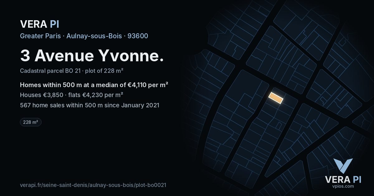 3 Avenue Yvonne, Aulnay-sous-Bois at night – the plot lit, the parcels around coloured by the prices near them