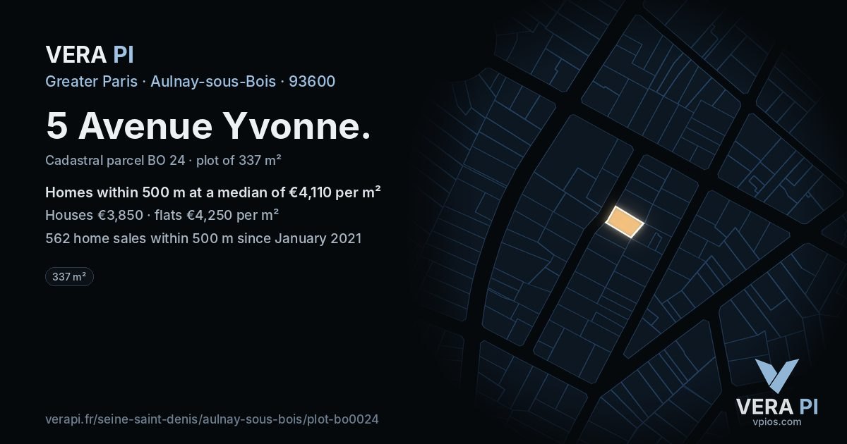 5 Avenue Yvonne, Aulnay-sous-Bois at night – the plot lit, the parcels around coloured by the prices near them