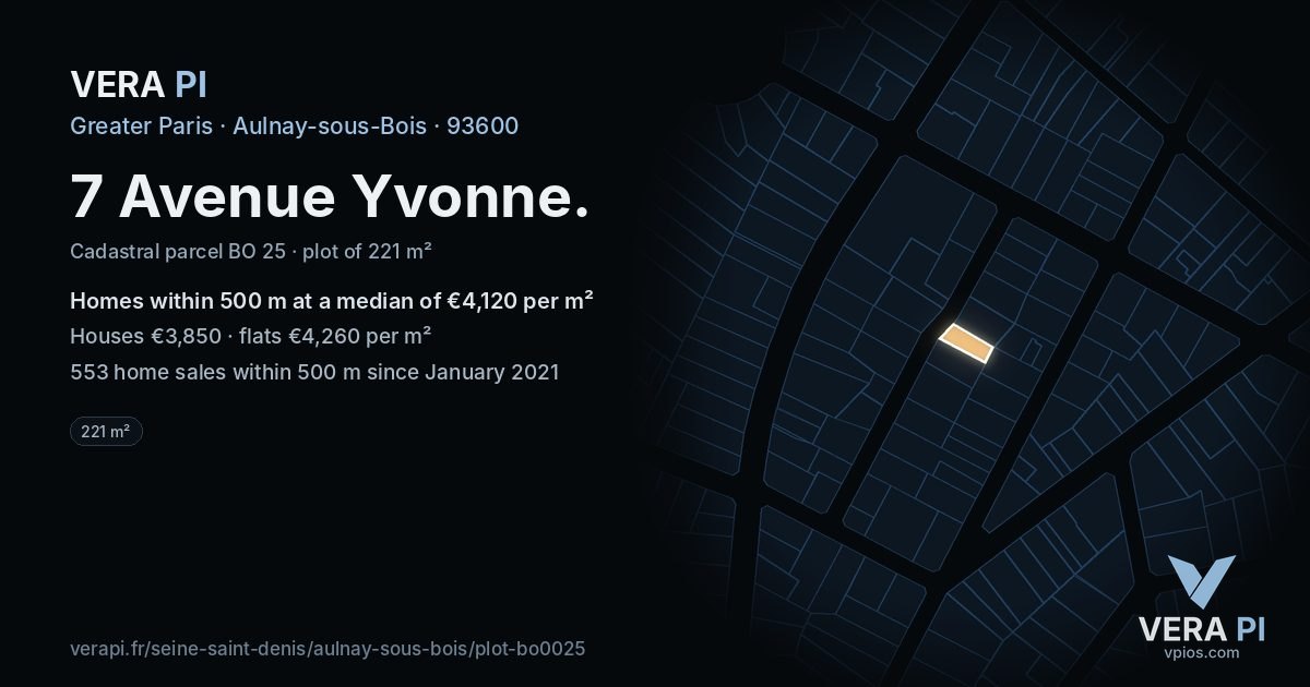 7 Avenue Yvonne, Aulnay-sous-Bois at night – the plot lit, the parcels around coloured by the prices near them