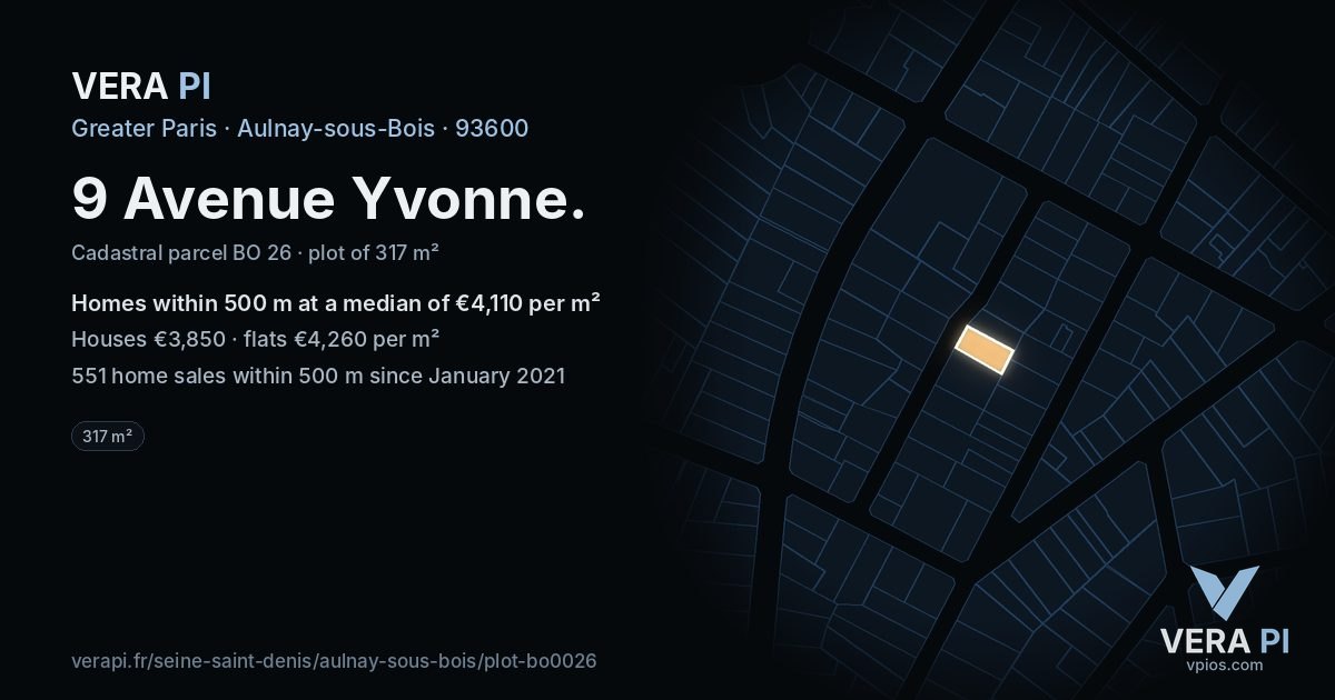 9 Avenue Yvonne, Aulnay-sous-Bois at night – the plot lit, the parcels around coloured by the prices near them