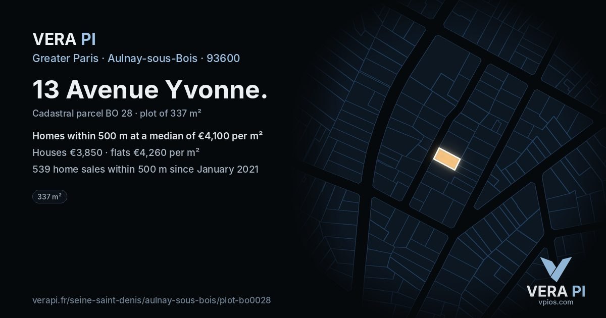 13 Avenue Yvonne, Aulnay-sous-Bois at night – the plot lit, the parcels around coloured by the prices near them